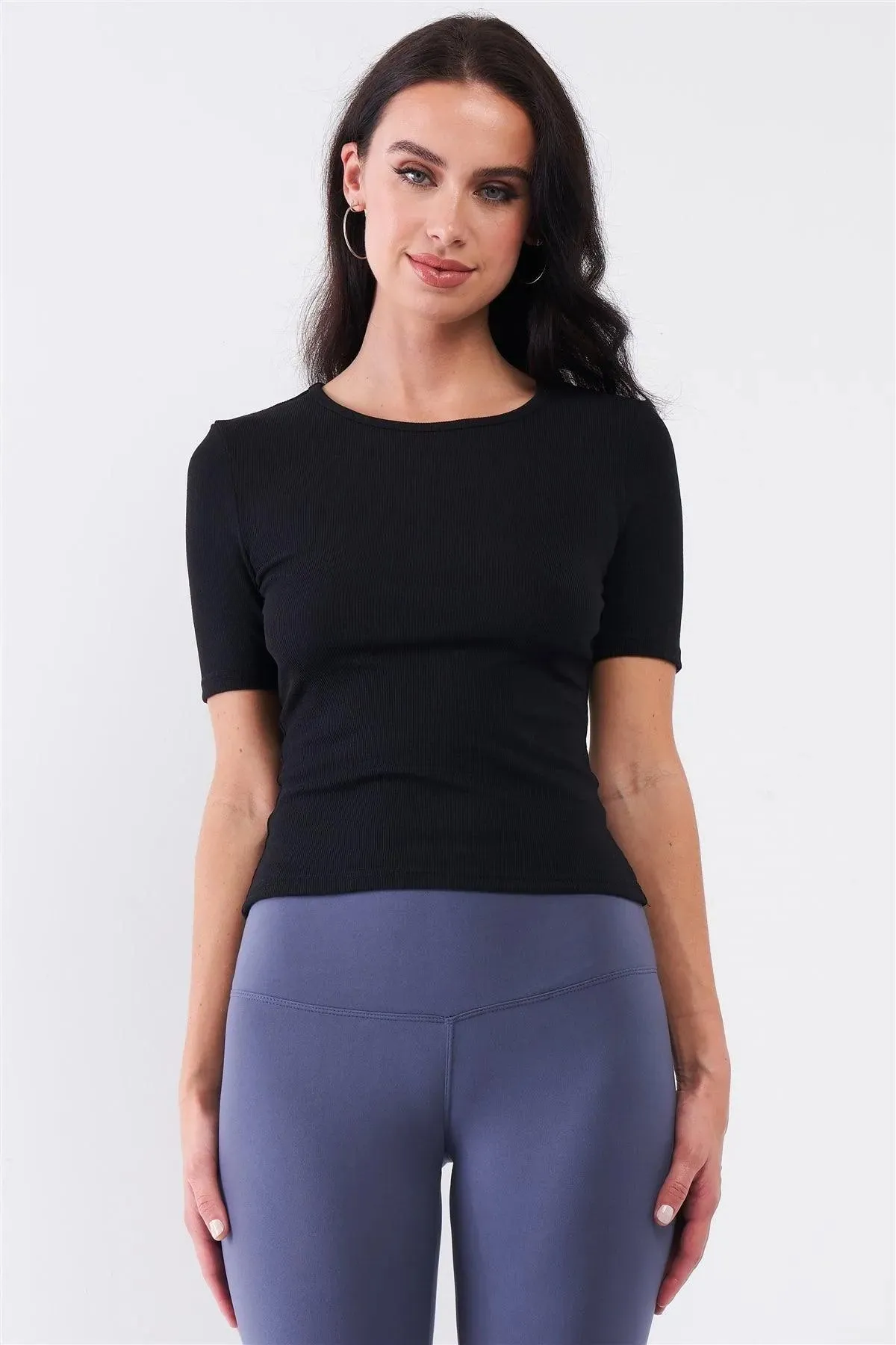 Black Light Ribbed Crew Neck Short Sleeve Basic Tee /3-2-1