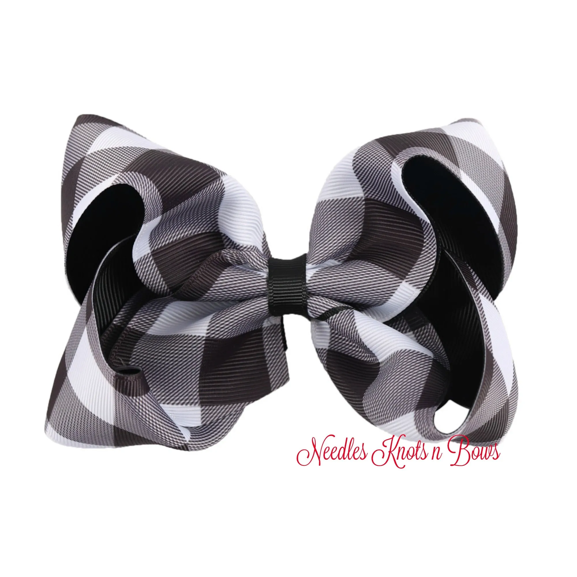Girls 5" Buffalo Plaid Hair Bow or Headband, Girls Black & White Buffalo Plaid Christmas Hair Bow