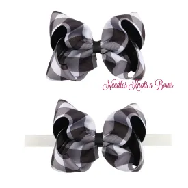Girls 5" Buffalo Plaid Hair Bow or Headband, Girls Black & White Buffalo Plaid Christmas Hair Bow
