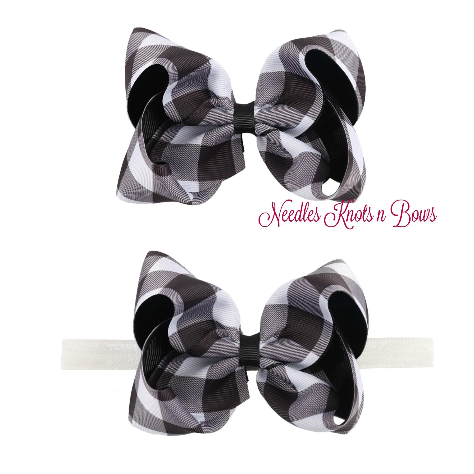 Girls 5" Buffalo Plaid Hair Bow or Headband, Girls Black & White Buffalo Plaid Christmas Hair Bow