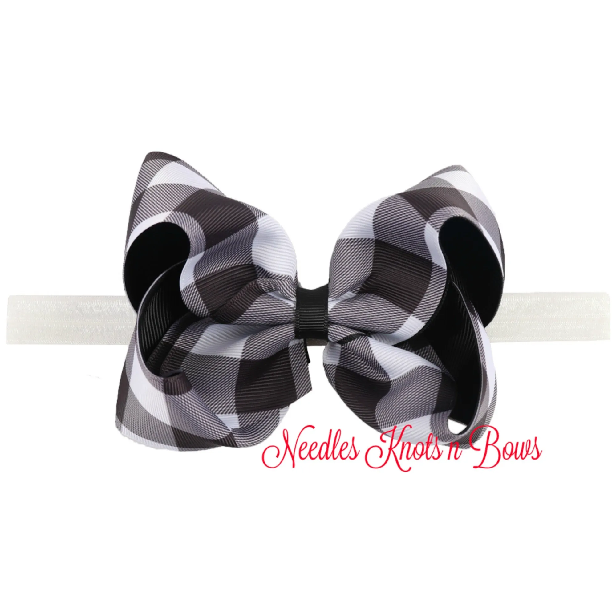 Girls 5" Buffalo Plaid Hair Bow or Headband, Girls Black & White Buffalo Plaid Christmas Hair Bow