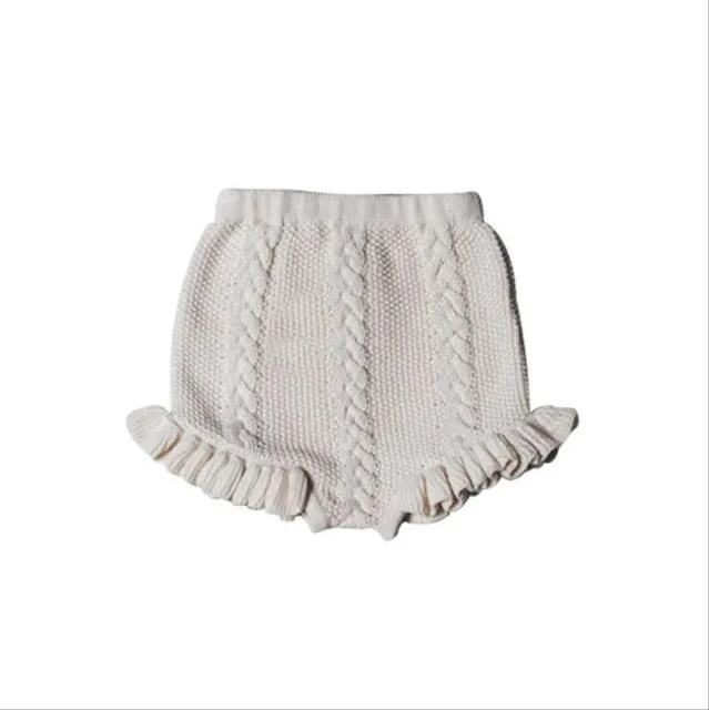 Girls Vintage Cotton Knit Ruffles Lace Edge Short