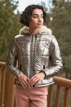 Gunmetal Long Sleeve Fuzzy Faux Fur Hood Padded Jacket