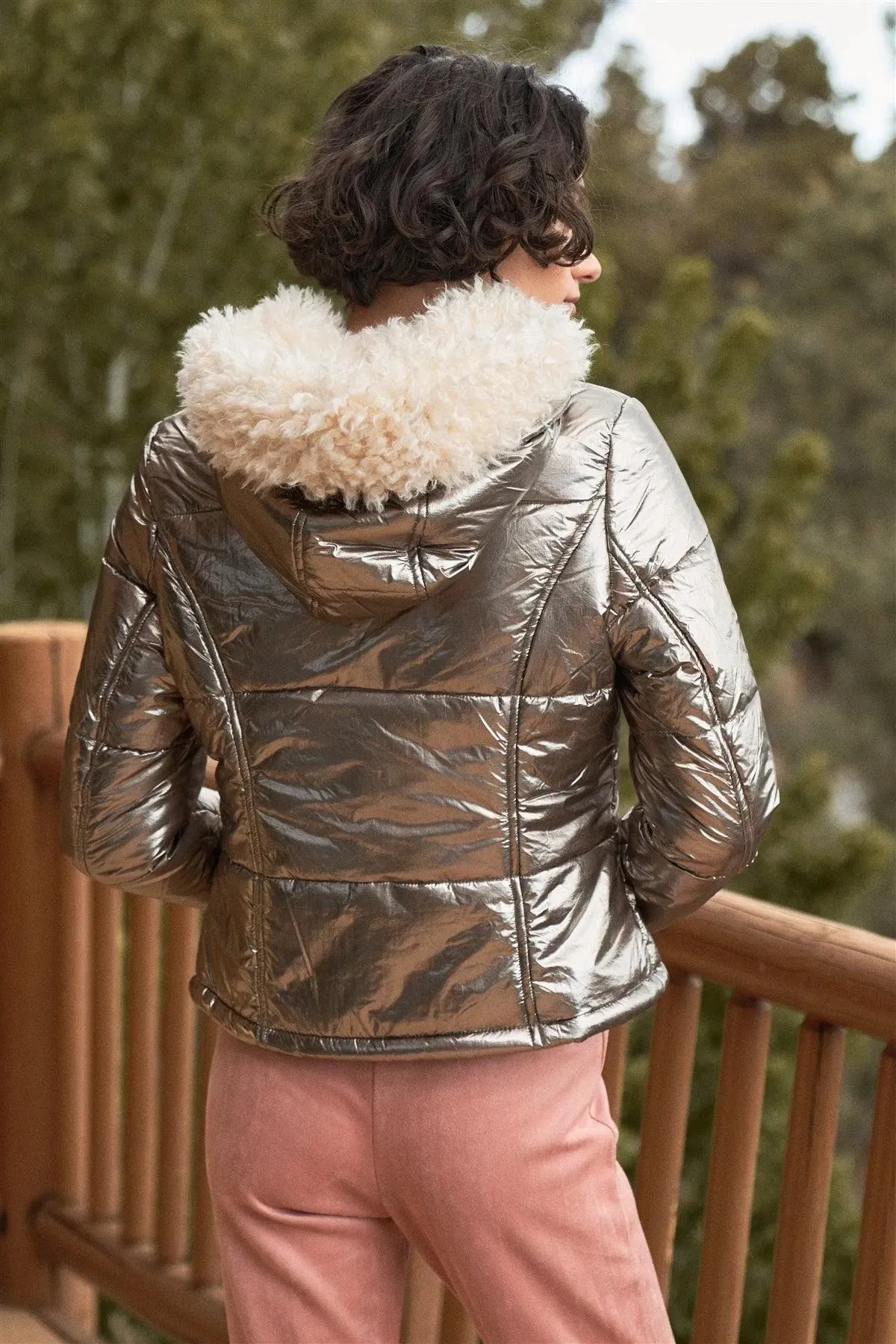 Gunmetal Long Sleeve Fuzzy Faux Fur Hood Padded Jacket