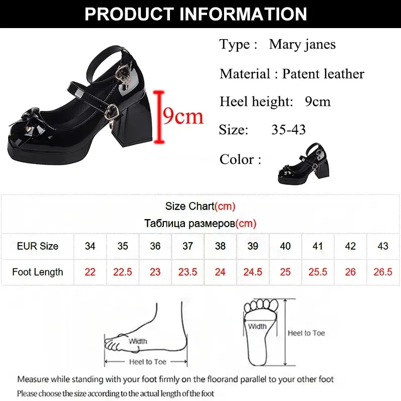 Hnzxzm Punk Heart Buckle High Heels Pumps Women Autumn Y2K Black Chunky Platform Lolita Shoes Woman Bowtie Thick Heel Gothic Shoes