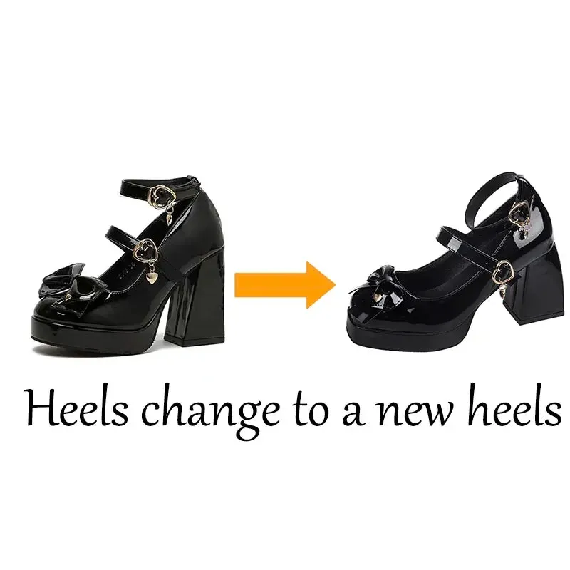 Hnzxzm Punk Heart Buckle High Heels Pumps Women Autumn Y2K Black Chunky Platform Lolita Shoes Woman Bowtie Thick Heel Gothic Shoes