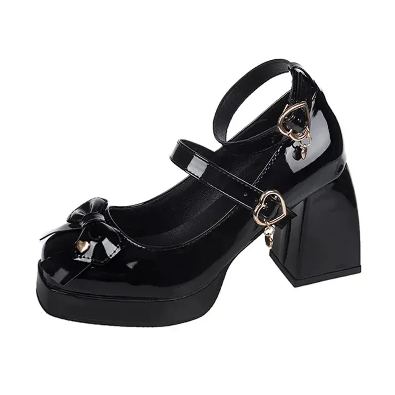 Hnzxzm Punk Heart Buckle High Heels Pumps Women Autumn Y2K Black Chunky Platform Lolita Shoes Woman Bowtie Thick Heel Gothic Shoes