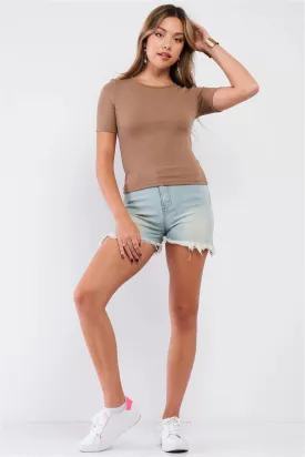 Mocha Light Ribbed Crew Neck Short Sleeve Basic Tee /2-2-1