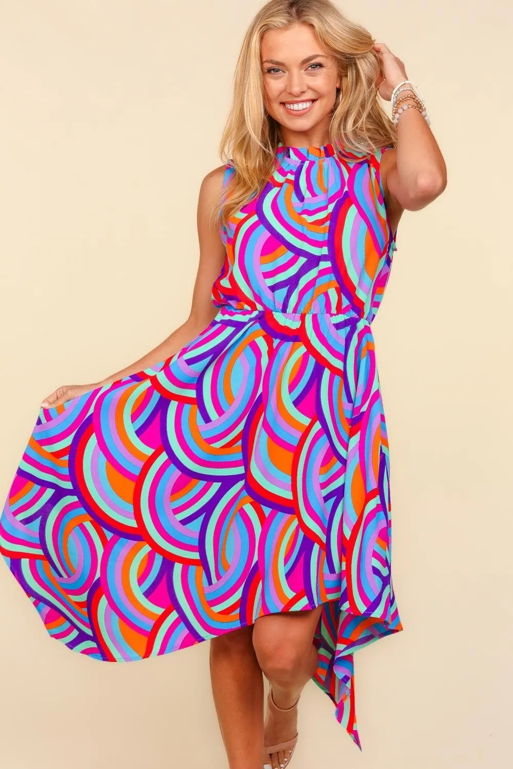 Mock Neck Sleeveless Printed Dress
