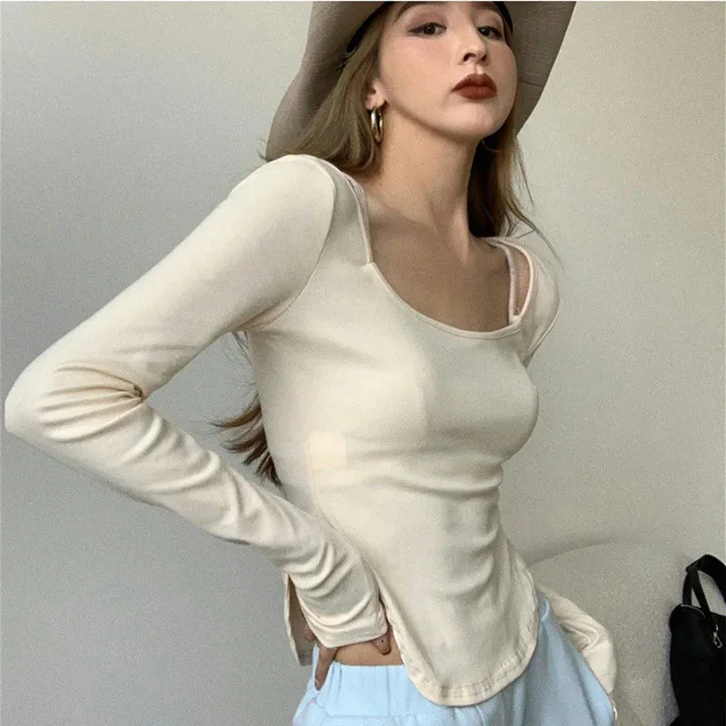 Sexy Asymmetrical Side Split Long Sleeve Tee