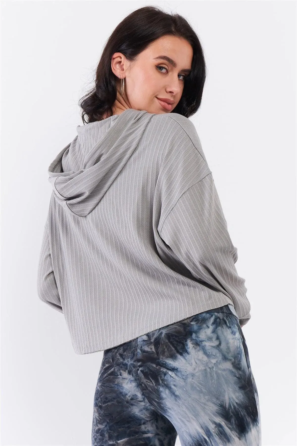 Stone Grey Knit Long Sleeve Kangaroo Pocket Detail Hooded Sweatshirt /3-2-1