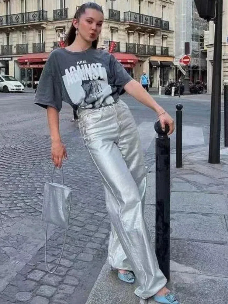 Waist High New Winter Pockets PU Autumn Solid Baggy Fashion Casual Streetwear Loose Pants